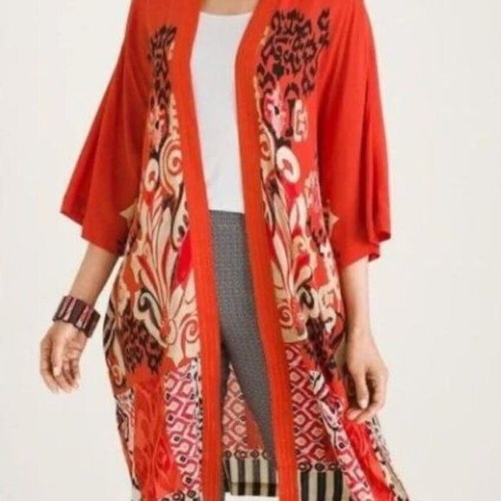 Chicos Red & Black Abstract Open Front Kimono S/M Made In China Rayon Blend